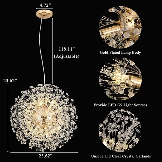 Modern Crystal Chandelier, Sputnik Dandelion High Ceiling Hanging Lamp, Large Beaded Gold Pendant Light for Living Room Dining Room Kitchen Island Bedroom (Gold 16Lights)