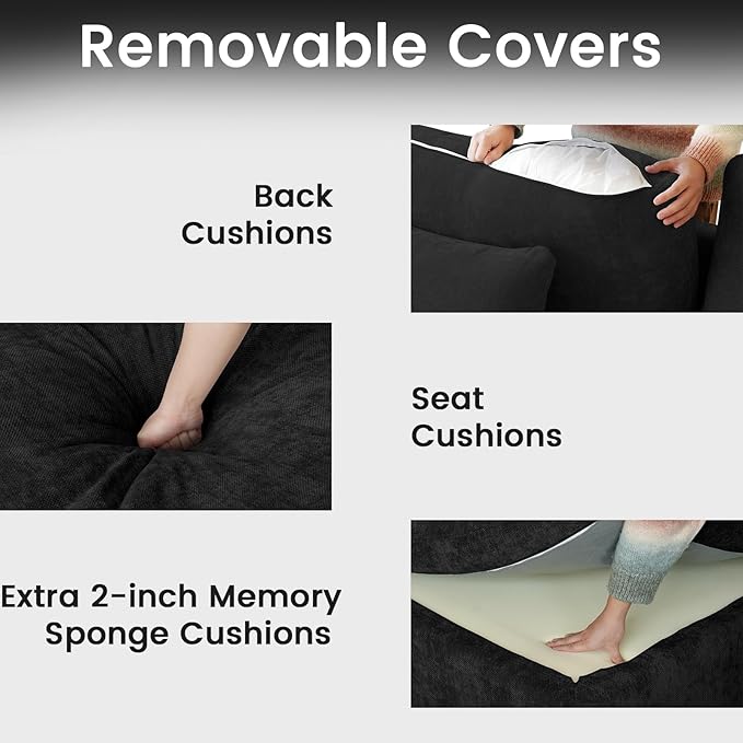 JACH Sectional Couches for Living Room, Cloud Sectional Couch with Deep Seat, Down Filled Modular Sofa, Covers Removeable & Washable, Love Seat Sofas Furniture for Living Room, Black