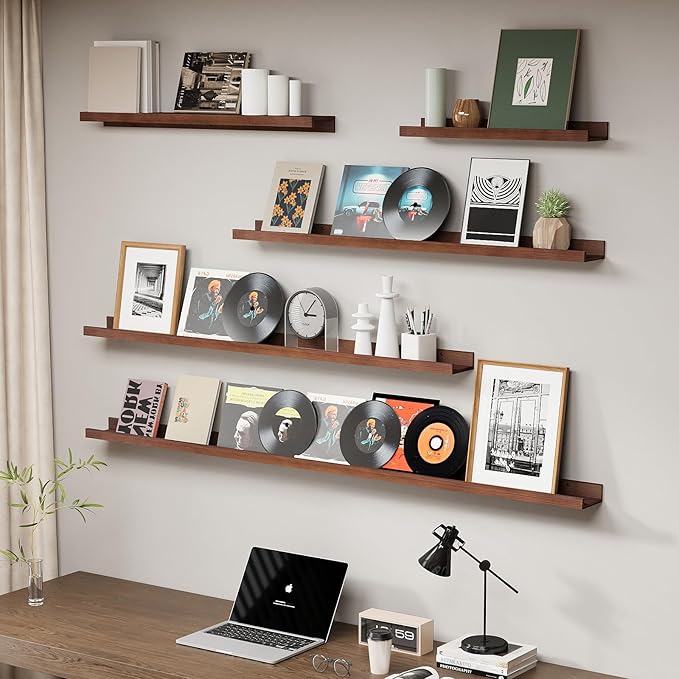 SAUMONIERES Picture Ledge Shelf Floating Book Shelves Set of 2 Wall Mounted Solid Wood for Bedroom Bathroom Living Room Kitchen, 55 Inch Walnut