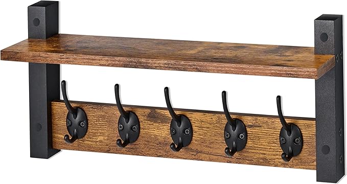 Sorbus Coat Hooks Wall Mount with Shelf – 16 Inch Coat Rack Wall Mount with 5 Heavy Duty Hooks – Floating Wall Shelf with Hooks for Entryway, Bathroom, Bedroom, Kitchen, or Mudroom (Rustic Brown)