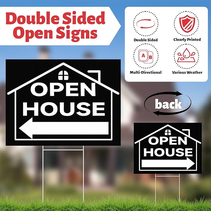 44 Pcs Open House Signs for Real Estate, Double Sided Open House Flag Kit, 7.6 x 5.4 Ft Black Banner Flag Poles Set for Outside, Directional Arrows Sign Stakes Balloons for Open House Supplies