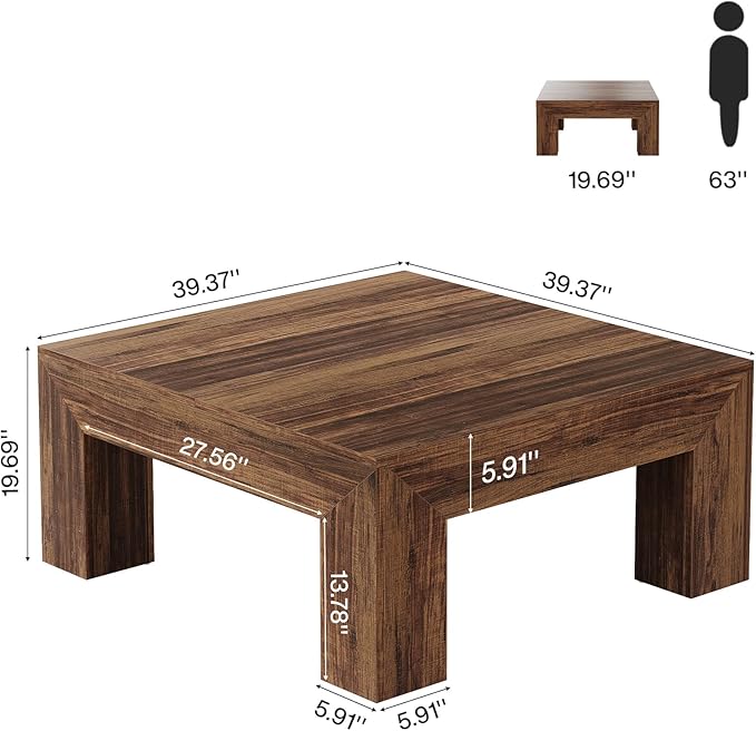 Tribesigns 39.4-Inch Square Coffee Table for Living Room, Farmhouse All MDF Accent Center Cocktail Table with Sturdy Wooden Legs, Easy Assembly, Dark Brown