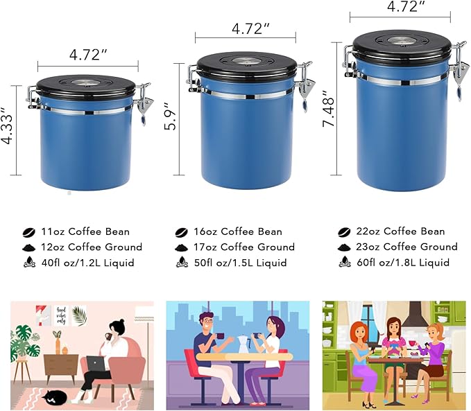 ShanSon Coffee Canister Airtight Coffee Container Stainless Steel Coffee Bean Storage Container with CO2 Release Valve and Scoop Coffee Canister for Beans,Grounds,Sugar,Flour,Tea,Cereal,22OZ,Blue