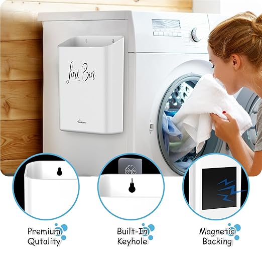 Sealegend Magnetic Lint Bin for Laundry Room with Dryer Lint Brush, Wall Mounted Trash Can Space-Saving Laundry Organization and Storage, White
