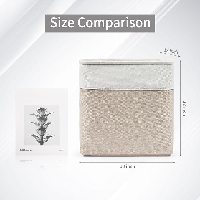 13x13 Cube Storage Bins, Collapsible Fabric Storage Box, 4 Pack Closet Baskets with Handles for Organizing, Shelf, Toys, Clothes, Home, Office, Nursery (Beige&White)