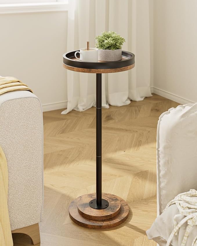 Masupu Drink Table, Round Side Table for Small Spaces, Pedestal Small End Table with Metal Base, for Living Room, Bedroom, Bathroom, Rustic Brown+Black(Lip)