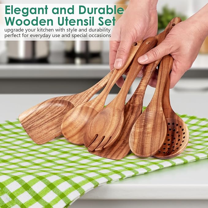 Wooden Spoons for Cooking 6 Piece - Natural Teak Wood Kitchen Utensils Set - Smooth Finish Soft Comfort-Grip Safe for Nonstick By HOWHONG