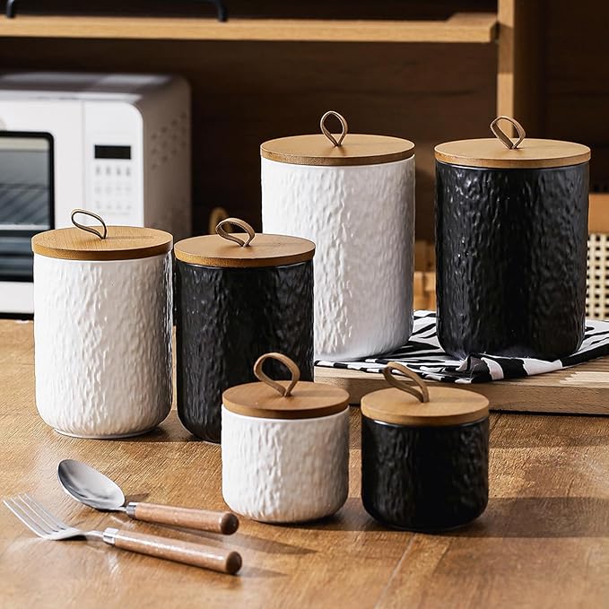 Kitchen Canisters for Countertop, Ceramic Coffee Canisters with Airtight Lids Food Storage Jars Sugar Container for Kitchen Counter Tea, Coffee Beans, Spice (#001Black-44oz/1300ml)