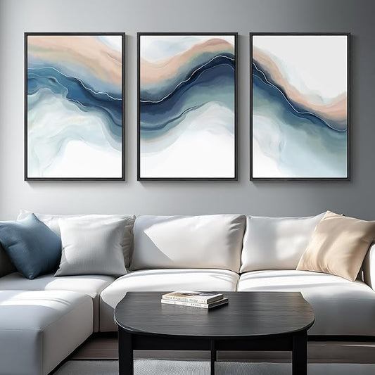 Large Framed Blue Abstract Landscape Wall Art for Living Room, 3 Piece Bright Pastel Canvas Prints Paintings, Modern Minimalist Artwork Watercolor Pictures for Bedroom, Hallway Wall Decor 24x36 In