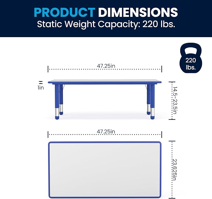 Flash Furniture Wren Adjustable Classroom Activity Table for School and Home, Plastic Activity Table for Kids, 23.625" W x 47.25" L, Gray/Blue