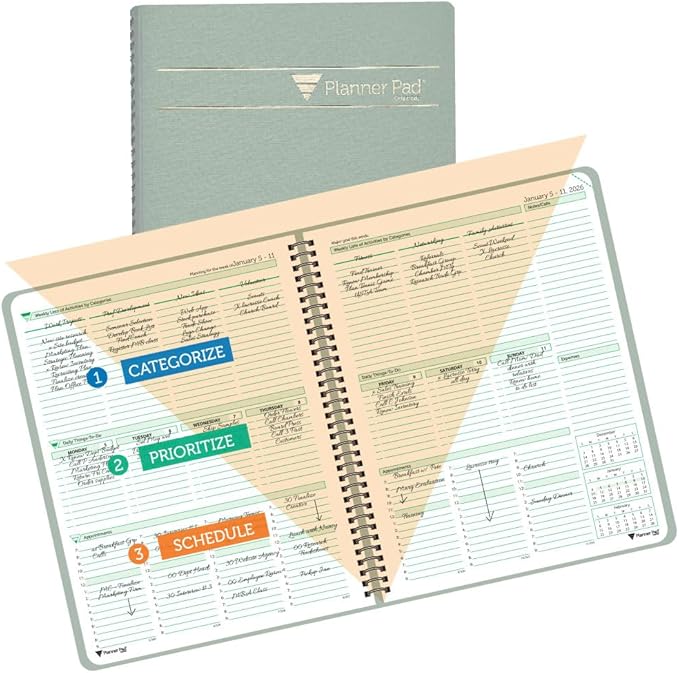 Planner Pad Spiral Bound January-December 2026/ Calender Year 8 1/2" x 11" Large 3-Tier Funnel Down 12 Month Organizer, Greenish Grey Cover/Soft Green Ink