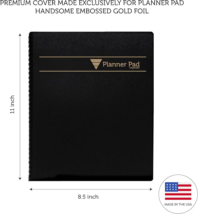 Planner Pad Spiral Bound 3-Tier Funnel Down 12 Month Organizer, July 2025 – June 2026 / Academic Year, Black Cover/Black Ink, 8 1/2" x 11"