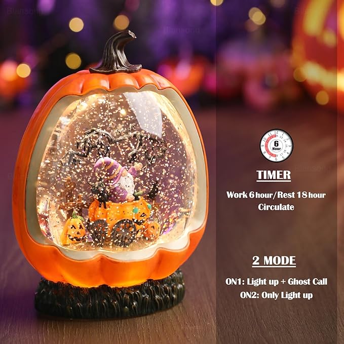 Halloween Snow Globe Pumpkin Halloween Decorations Indoor Gnome Black Cat Bat Swirling Glitter Timer