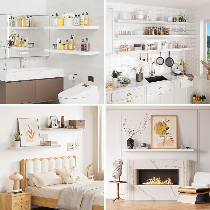 Heimlove 55 Inch Long Floating Shelves for Wall,9.3" Deep White Floating Shelves Set of 2,Large Display Shelf & Storage Shelf,Wall Mounted Shelves for Bedroom Living Room Kitchen Office