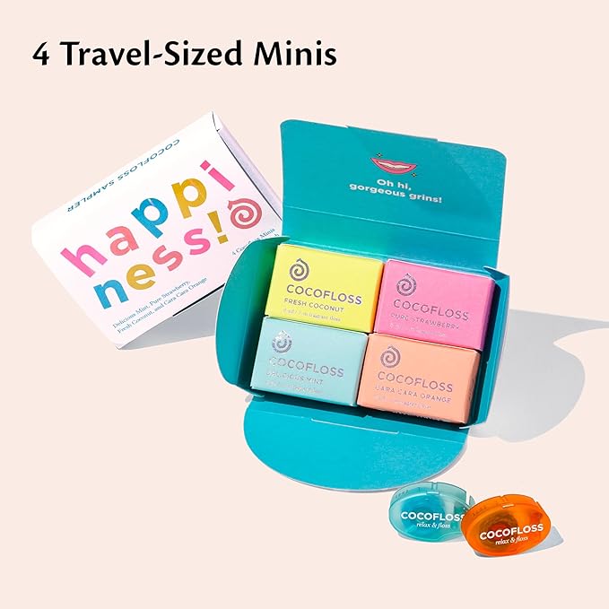 Cocofloss Woven Dental Floss, Travel Sampler, Dentist-Designed Oral Care with Coconut Oil, Waxed, Vegan, Kid-Friendly, 4 Minis in Mint, Coconut, Orange, Strawberry (8 yd Each)