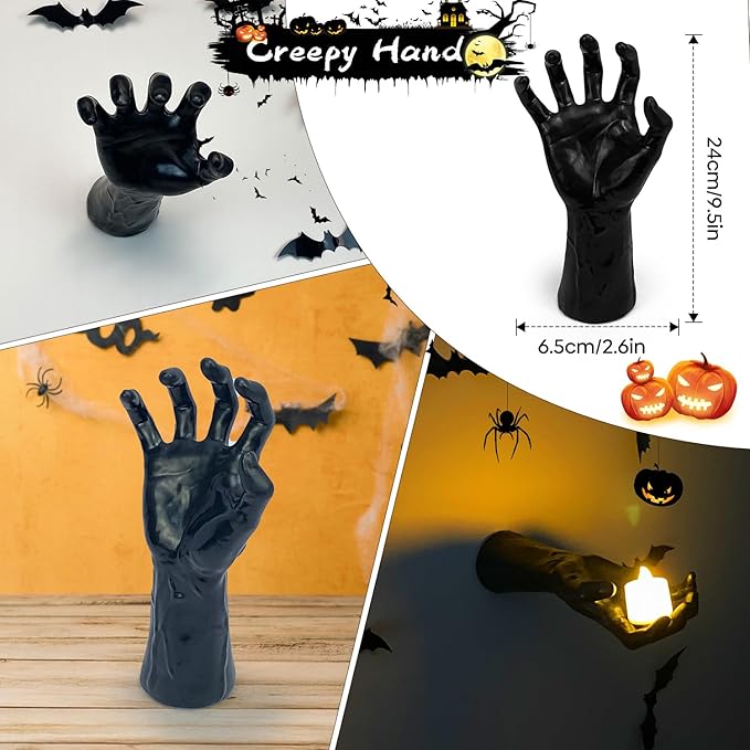 Halloween Decor Indoor, 4 Packs Creepy Reaching Hands with LED Candles, Life-Sized Gothic Wall Decor for Horror Decor, Spooky Halloween Decorations for Home, Party, Goth & Dark Academia Style
