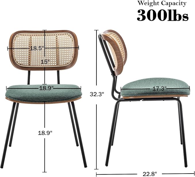 Rattan Dining Chairs Set of 4, Mid Century Modern Dining Chairs with Cane Back for Kitchen Dining Room, 19 Inch Fabric Green