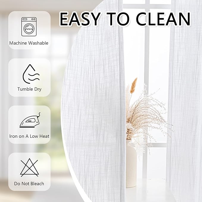 MYSKY HOME White Curtains for Living Room, Semi Sheer Curtains & Drapes Light Filtering Farmhouse Country Boho Style Back Tab Draperies for Sliding Glass Door (Customsize, Pure White)