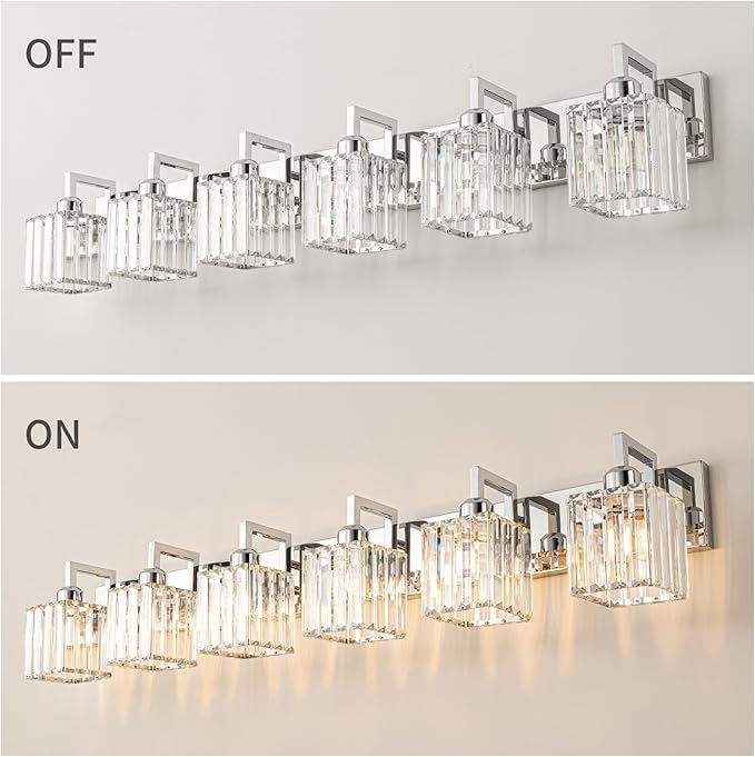Modern Bathroom Vanity Light 6-Lights Chrome Crystal Wall Lamp Bathroom Modern Crystal Vanity Lighting