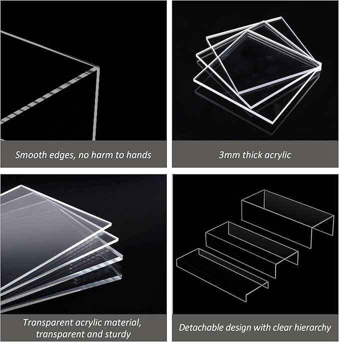 Clear Display Risers Shelf 3pcs, Countertop Rectangular Acrylic Display Storage Organizer, Acrylic Stands for Funko Pop Figure, Cosmetics, Bags, Shoes, Toys, Collectibles - 12- 4'', 5'', 6''