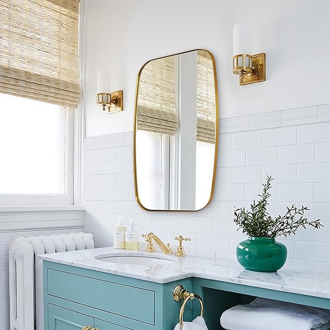 ANDY STAR Gold Bathroom Mirror, 20x30’’ Brushed Gold Vanity Mirror for Bathroom, Brushed Brass Oblong Stainless Steel Metal Frame Mirror for Over Sink