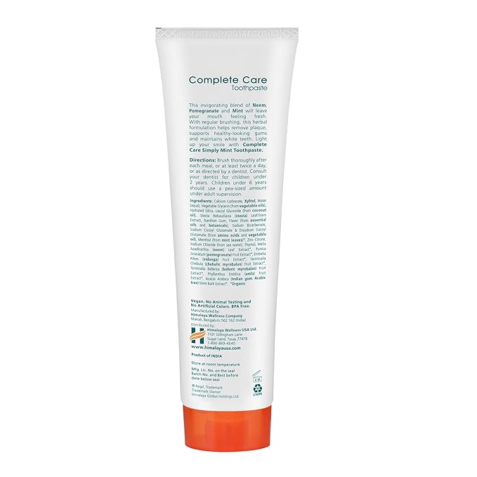Himalaya Botanique Complete Care Toothpaste, Herbal, Mint Flavor, Fights Plaque, Freshens Breath, Fluoride Free, No Artificial Flavors, SLS Free, Cruelty Free, Foaming, 5.29 Oz, 1 Pack