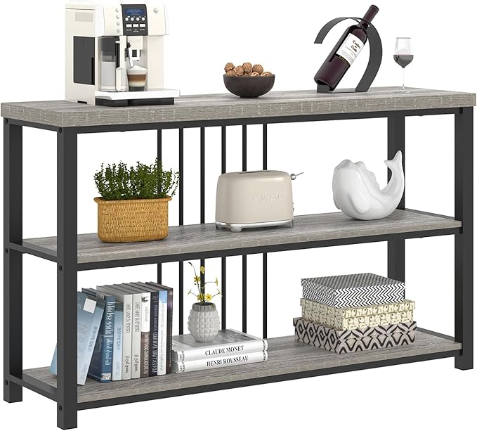 FOLUBAN Console Tables for Entryway, Sofa Table with 3 Tier Storage for Living Room Hallway Foyer Behind Couch, Rustic Light Grey
