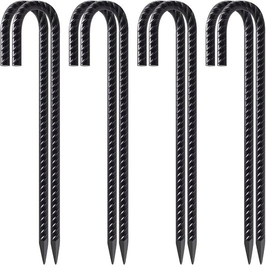 VVOKGO Rebar Stakes 12 Inches J Hook Heavy Duty Chain Link Fence Stakes, 8 Pcs Metal Long Tent Spikes Ground Anchors for Wire Fencing, Dogs Digging, Camping Tents, Swings, Greenhouse, Black