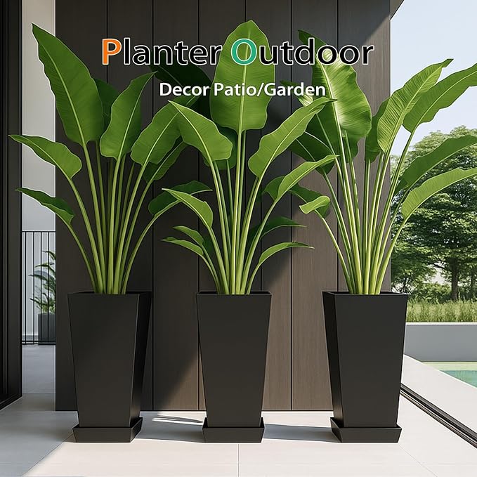 Tall Planters for Outdoor Plants, Large Resin Flower Pots with Saucers for Garden, Front Porch, Patio, Indoor - Set of 2 (Black, 34 inch - 2 Pack)