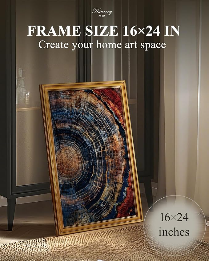 HUARCEY Gold Framed Vintage Wall Deocr for Living Room, Tree Rings Art Abstract Wood Grain Texture Bathroom Art Large Canvas Print Nature Inspired Farmhouse Pictures for Study Office Bedroom 16"x24"