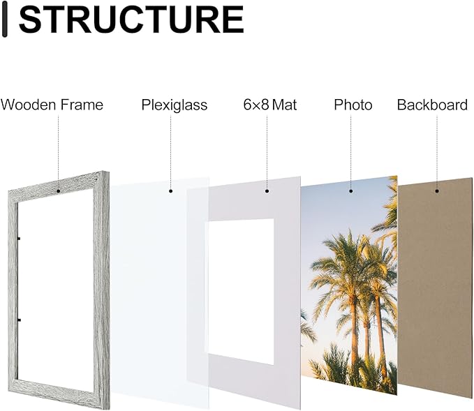 Vittanly 8x12 Picture Frames Set of 9, Shatter Resistant Plexiglass, Display 6x8 Pictures with Mat or 8x12 without Mat, Photo Frames for Wall or Tabletop, Engineered Wood, Grey