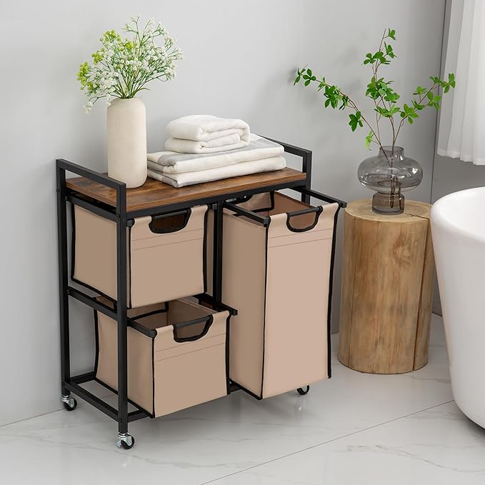 Laundry Basket Organizer - Hampers with 3 Compartments, Sliding Laundry Sorter Bags, Top Storage Shelf, Metal Frame