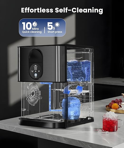 Nugget Ice Maker Countertop, 44lbs/24H Soft Chewable Pellet Ice Maker Machine Dispenser with Water Reservoir, Self-Cleaning, Pebble Ice Machine for Home Kitchen, Office, Black Stainless
