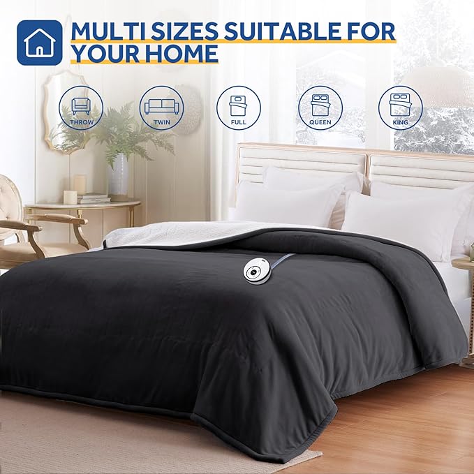 Sealy Electric Blanket Twin Size 62"*84",Super Cozy Flannel to Sherpa Reversible Heated Twin Blanket with 10 Heating Levels & 1-12 Hours Auto Off Overheating Protection Machine Washable, Charcoal