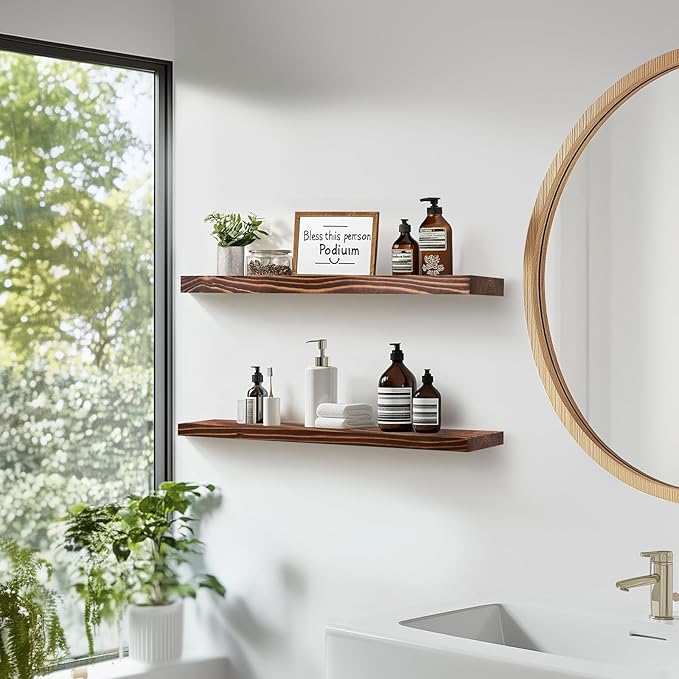 Floating Wall Shelves 2-Pack - 24-Inch Rustic Brown Wooden Shelves for Storage and Décor, Easy Installation for Living Room, Bedroom, and Kitchen