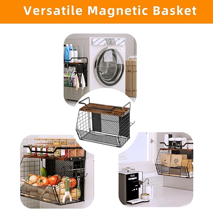 Magnetic Shelf for Fridge with Wood Lid, Large Capacity Magnetic Spice Rack for Refrigerator with 4 Hooks, Magnetic Basket for Kitchen Pantry Laundry Organizers Storage(2 Pack)
