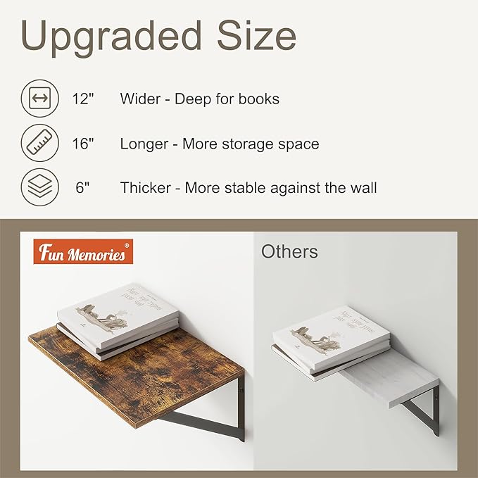 Deep Floating Shelves for Wall, 12 Inch Deep Floating Shelves Set of 2, 16"W x 12"D Wall Shelf, Wide Display Ledges Shelves for Bedroom, Bathroom, 12 Deep Bookshelf Wall Mounted - Rustic Brown