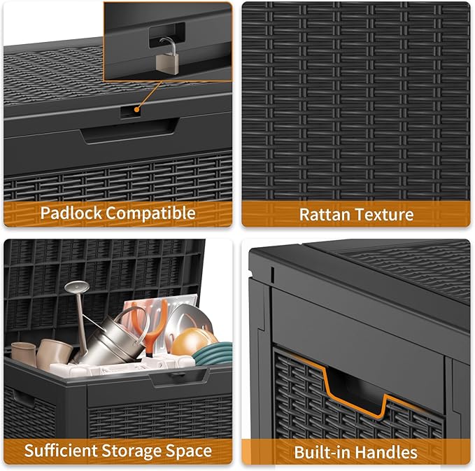 30 Gallon Resin Deck Box, Lockable Patio Outdoor Storage Box for Furniture, Garden Tools and Tools Storage, Waterproof Outside Storage Boxes - Black