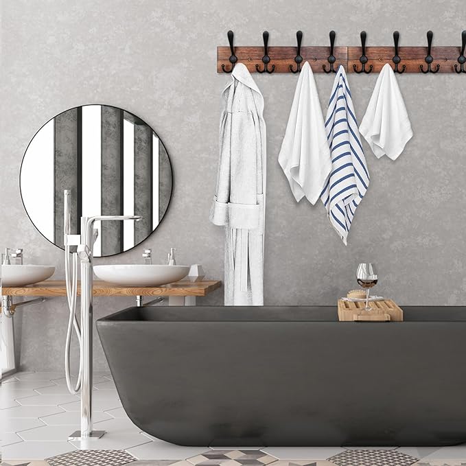 IBosins Wall Mounted Coat Rack, 31-2/5'' Long, Entryway Hanging Rack, Metal Wood Coat Hooks Rack with 8 Black Rustic Tri-Hooks Rail for Coat, Bag, Towel, Key, Hat, Umbrella