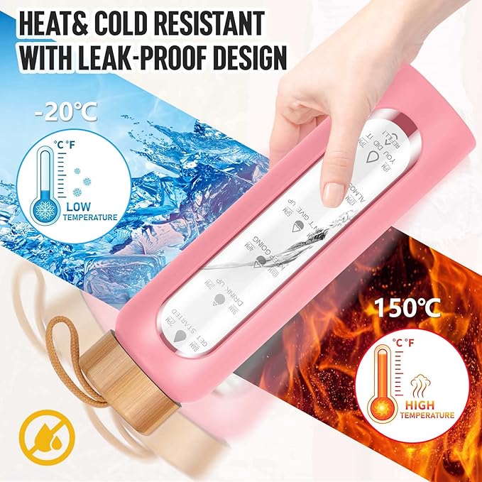 Aqulea Glass Water Bottles 32 Oz with Silicone Sleeve - BPA Free Reusable Wide Mouth Glass Motivational Water Bottles with Fruit Infuser – Leak Proof Borosilicate Water Bottle with Time Marker (Pink)