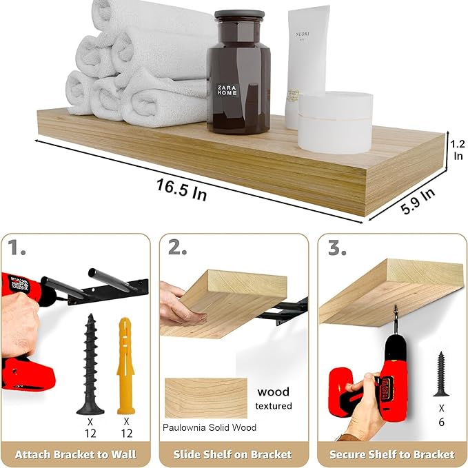 IAE Floating Wall Shelves 16 inch,Bathroom Shelves Wall Mounted,Invisible Shelves Floating Kitchen Shelves,Wooden Wall Shelves with Brackets for Living Room Wall Mounted,Easy Install,Set of 2,Natural