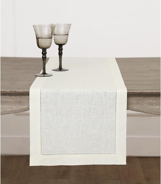 Solino Home Linen Ivory Table Runner 60 Inches - Classic Hemstitch, 100% Pure Linen Coffee Table Runner 14 x 60 Inch Ideal for Dresser Tables - Fall, Autumn, Halloween, Thanksgiving