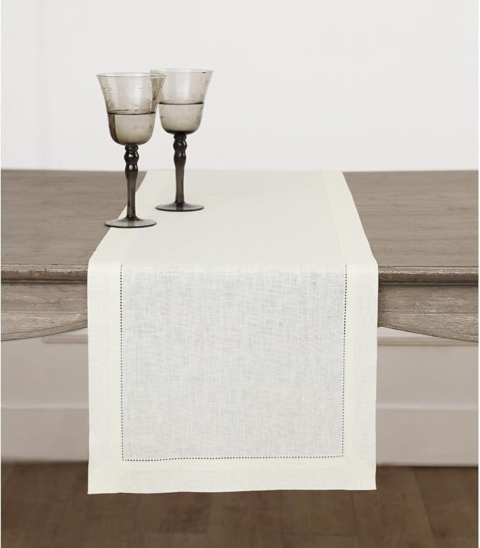 Solino Home Linen Ivory Table Runner 156 Inches Long - 100% Pure Linen Extra Long Table Runner 14 x 156 Inch for Fall, Autumn, Thanksgiving - Classic Hemstitch