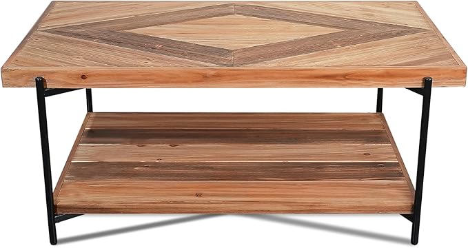 CONSDAN StoneCreek Coffee Table, Solid Fir Wood & Metal Frame, 2-Tier Industrial Farmhouse Table for Living Room/Office, 44" Rectangular Table