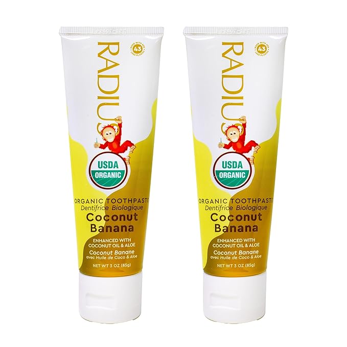 RADIUS Children's Toothpaste, Coconut Banana, 3 oz, Non-Toxic Chemical-Free Gluten-Free, Designed to Improve Gum Health & Prevent Cavities, Pack of 2