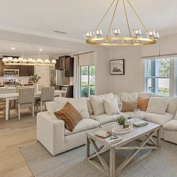 Gold Wagon Wheel Chandelier, 48 Inch Brass Chandeliers with Unique Glass Shade, 12-Light Crystal Large Wagon Wheel Chandeliers for Dining Room, High Ceiling Round Chandelier for Living Room, Foyer