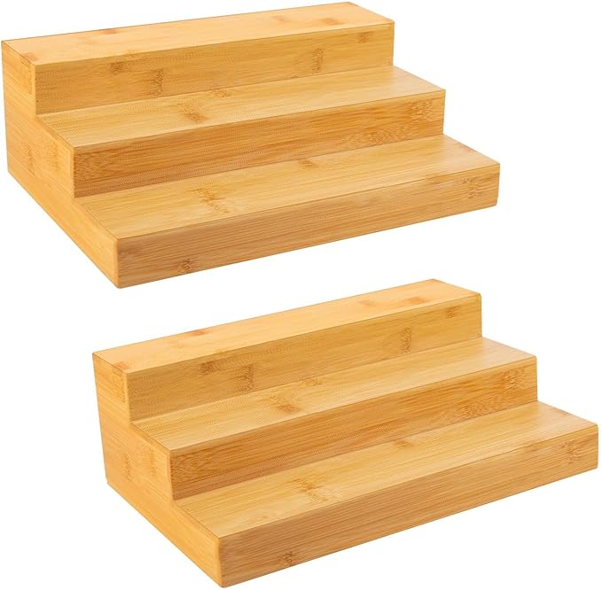 Bamboo Spice Rack Organizer for Cabinet 3 Tier Countertop Step Spice Shelf for Kitchen Storage and Organizer (2 Pack, Cabinet)
