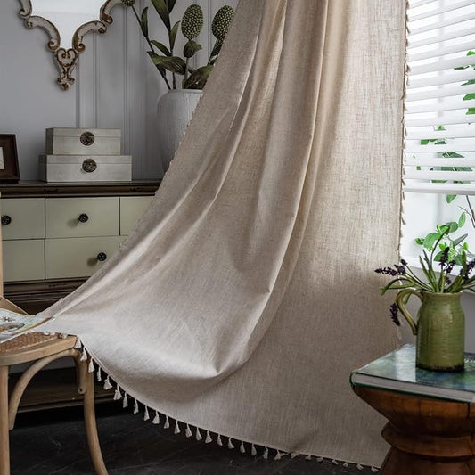 Sutuo Home Boho Curtains Natural Linen Look Textured Burlap for Bedroom, Rod Pocket Chic Semi Blackout Bohemian Handmade Tassels Window Treatment for Living Room, 1 Panel 59" W x 84" L