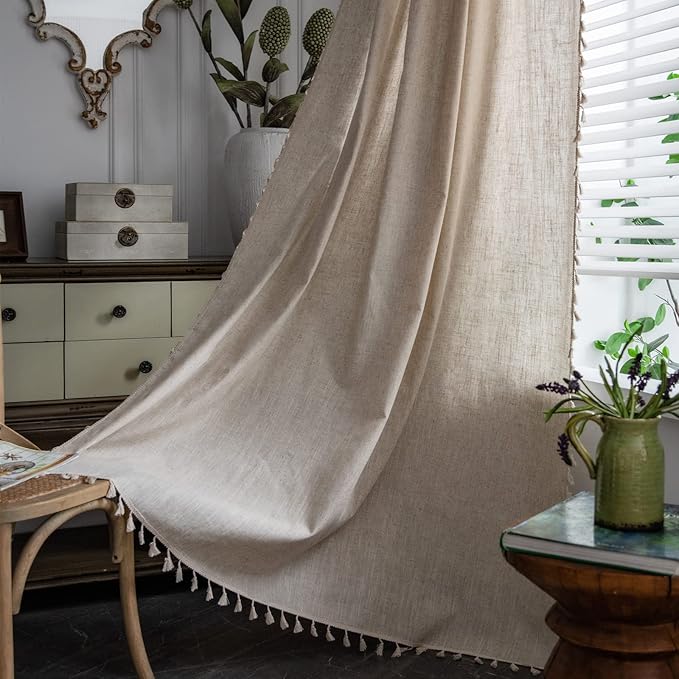 Sutuo Home Boho Curtain 96 Inches Long for Bedroom, Natural Linen Look Textured Burlap Rod Pocket Chic Semi Blackout Bohemian Handmade Tassels Window Treatment for Living Room, 1 Panel 59" W x 96" L