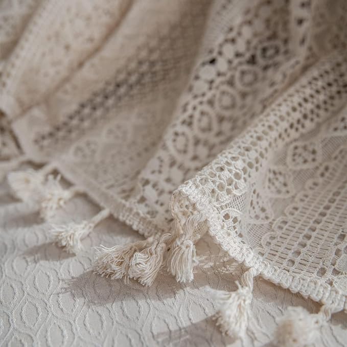 Sutuo Home Beige Boho Curtains Crochet Lace Semi-Sheer Bohemian Hollow Knitted Handmade Tassels, Rod Pocket Window Treatment Vintage Rustic Farmhouse Drapes for Glass Slide Door, 1 Panel 59" W x 90" L